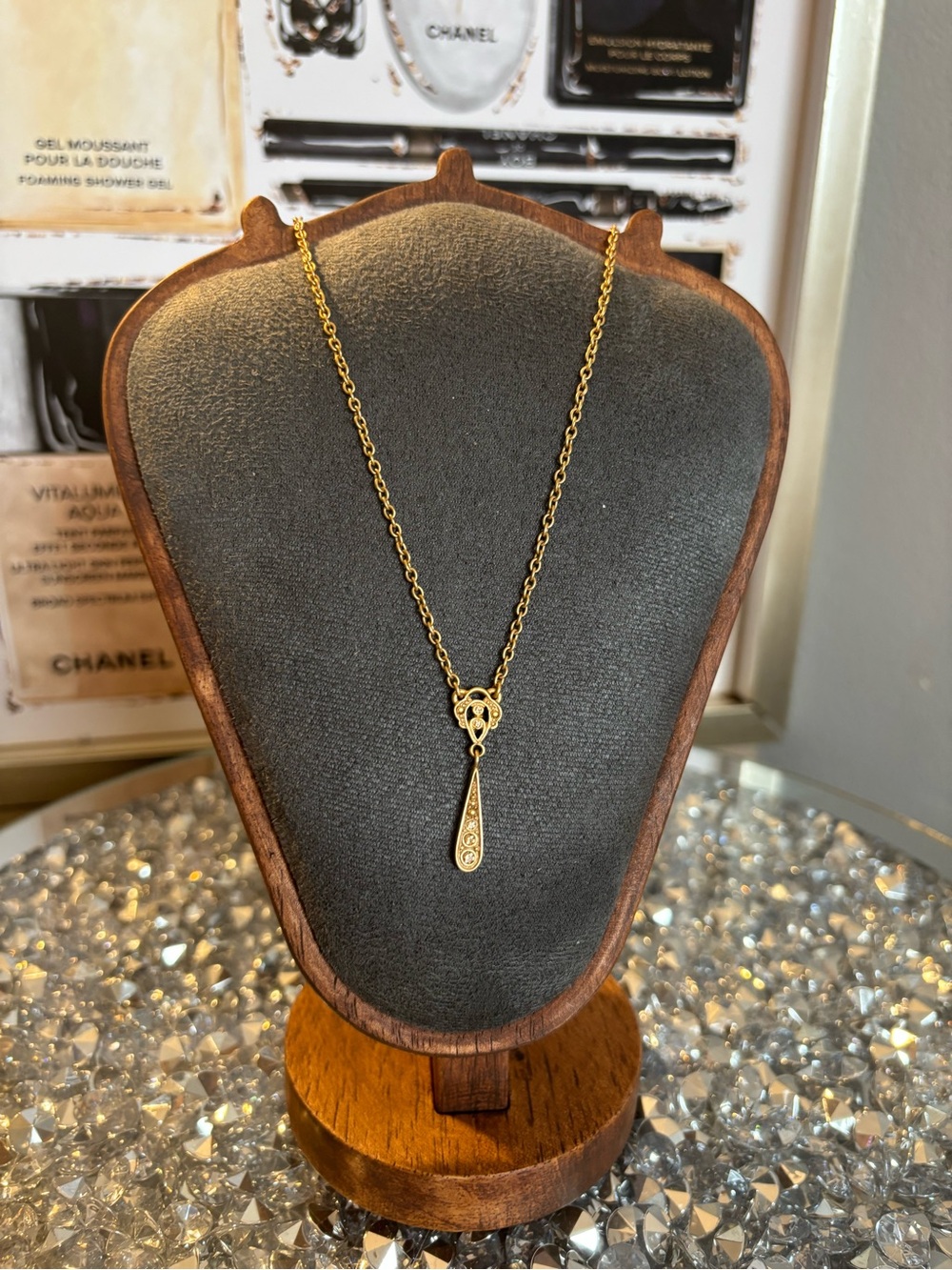 Christian Dior Vintage Victorian Matte Gold Lavalier Pendant Necklace